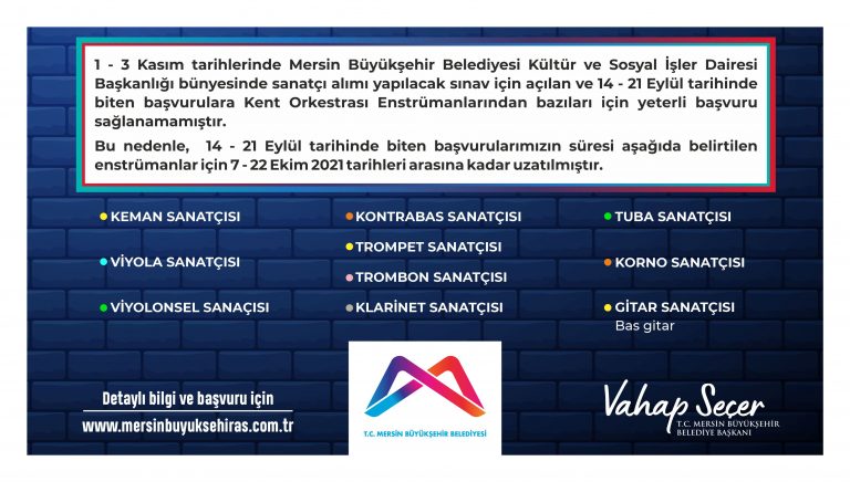 MERSİN BÜYÜKŞEHİR, KENT ORKESTRASI’NA 21 SANATÇI ALIMI YAPACAK